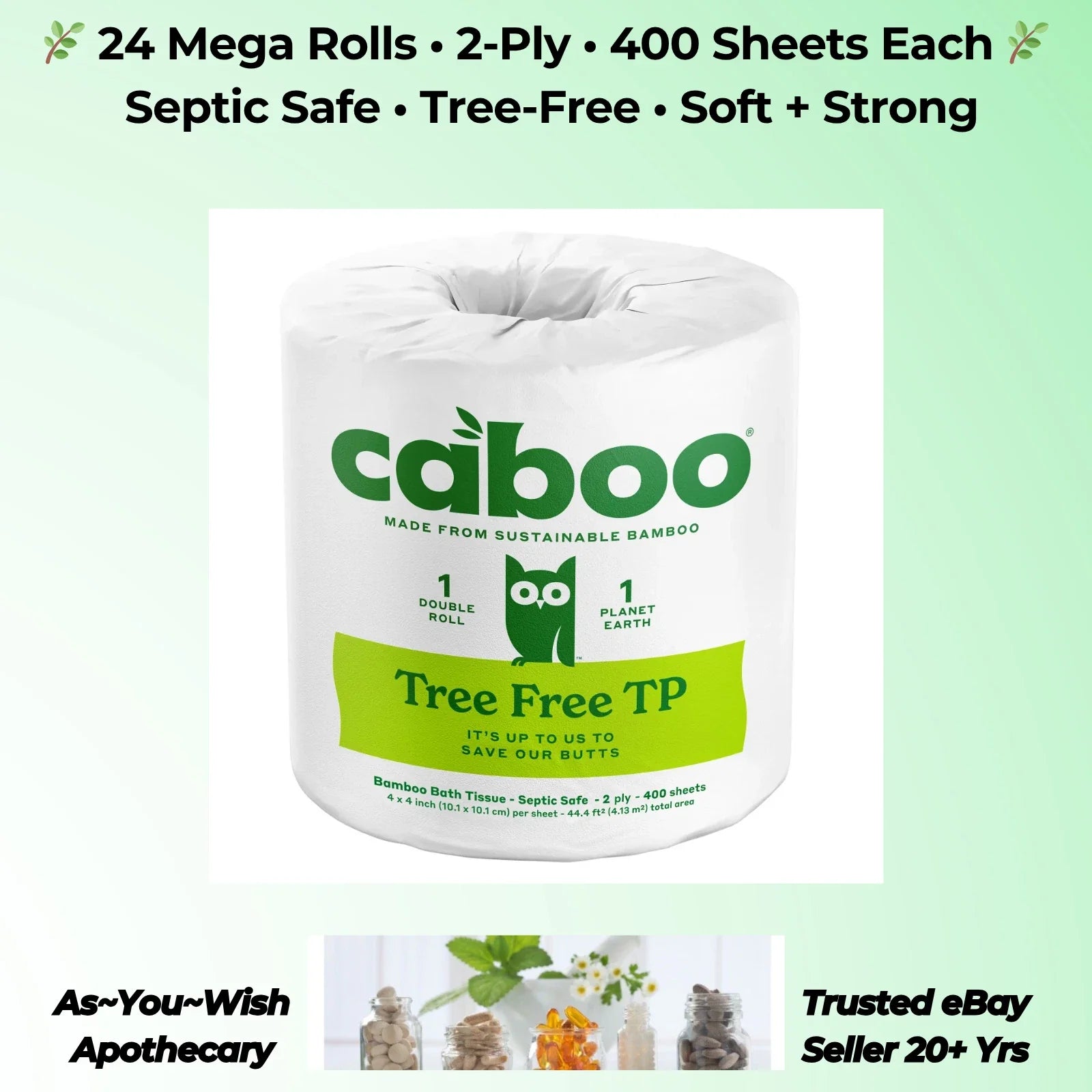 Bamboo Toilet Paper 24 Mega Rolls 2-Ply Septic Safe Tree Free 400 Sheets